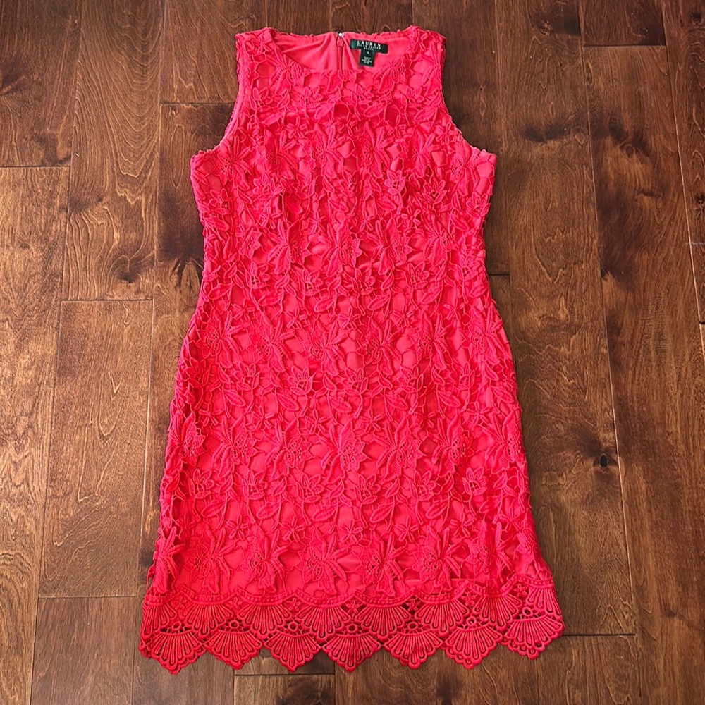 Lauren Ralph Lauren Red Floral Overlay Dress Sz 10
